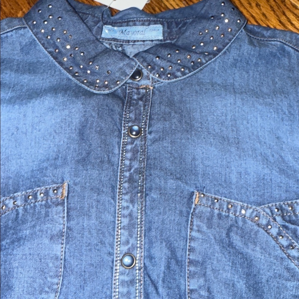 Mayoral girls denim button down shirt with stud details size 9 NWT